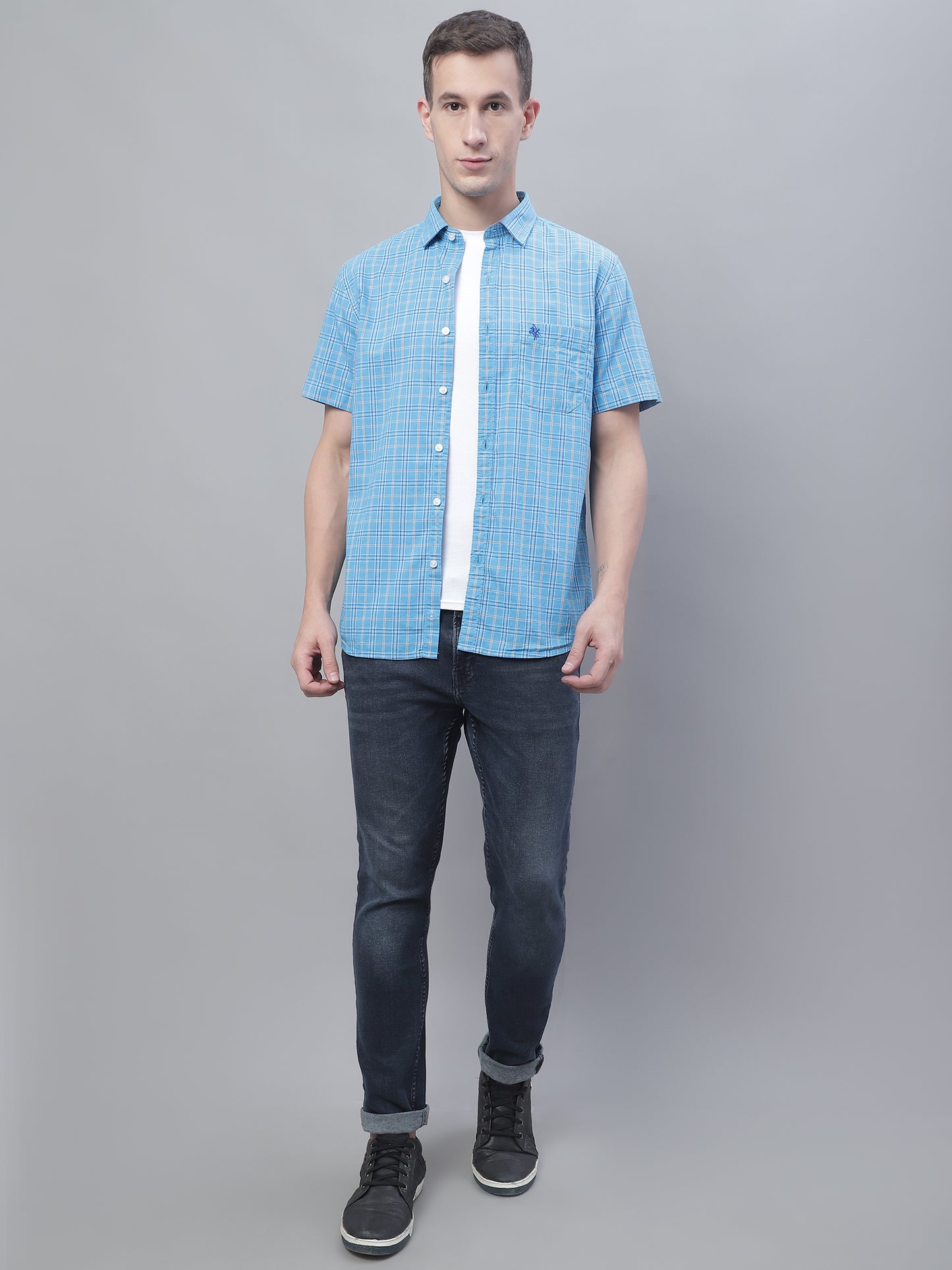 Cantabil Cotton Checkered Blue Half Sleeve Casual Shirt for Men with Pocket (7135095849099)