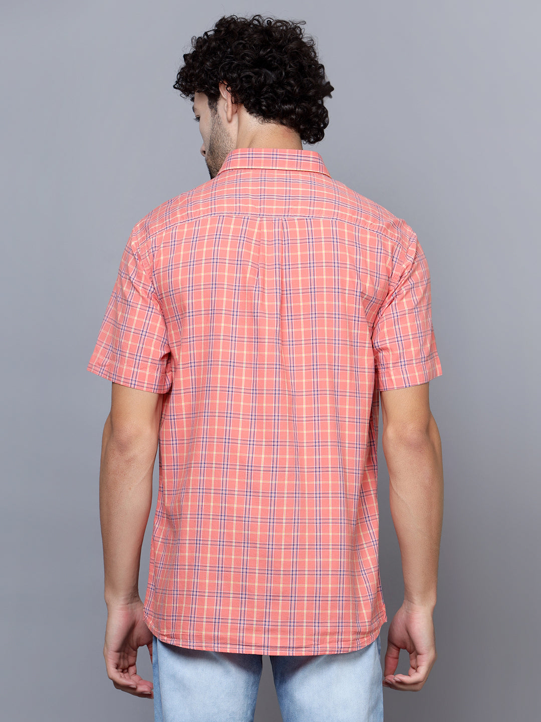 Cantabil Cotton Checkered Pink Half Sleeve Casual Shirt for Men with Pocket (7121519345803)