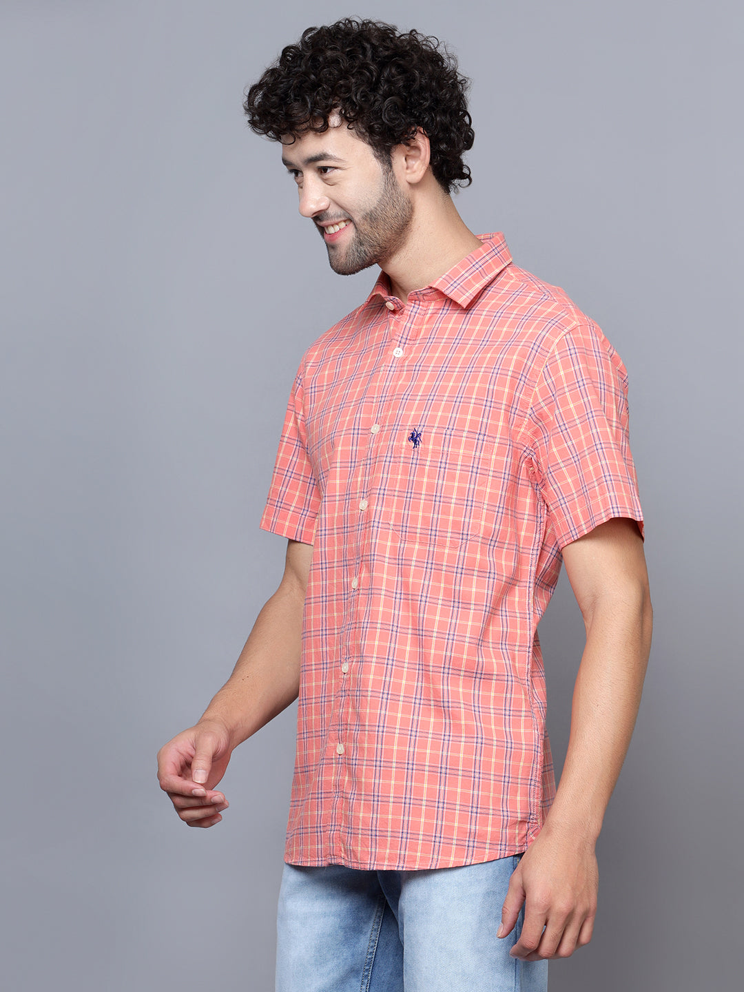 Cantabil Cotton Checkered Pink Half Sleeve Casual Shirt for Men with Pocket (7121519345803)