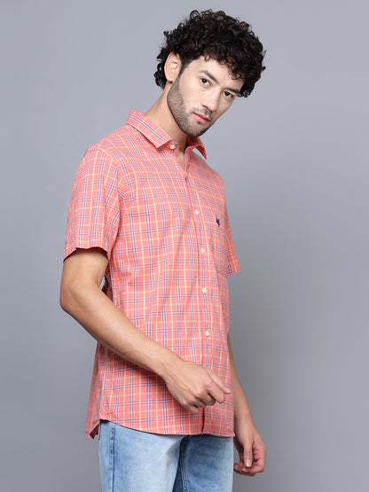 Cantabil Cotton Checkered Pink Half Sleeve Casual Shirt for Men with Pocket (7121519345803)