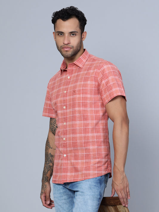 Cantabil Cotton Checkered Red Half Sleeve Casual Shirt for Men with Pocket (7136116834443)