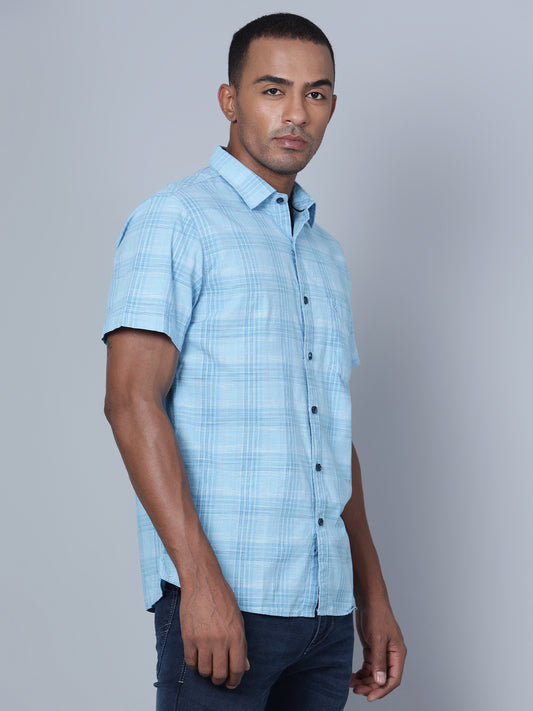 Cantabil Cotton Checkered Sky Blue Half Sleeve Casual Shirt for Men with Pocket (7136117194891)