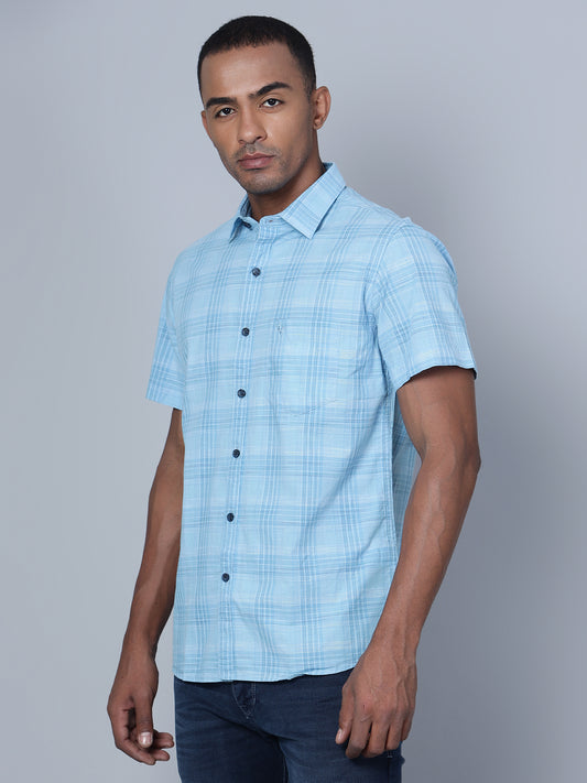 Cantabil Cotton Checkered Sky Blue Half Sleeve Casual Shirt for Men with Pocket (7136117194891)