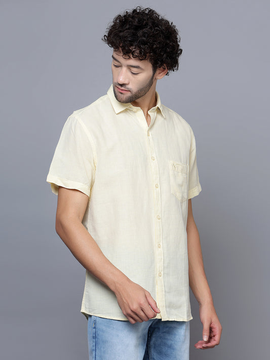 Cantabil Cotton Blend Yellow Solid Half Sleeve Casual Shirt for Men with Pocket (7121333420171)