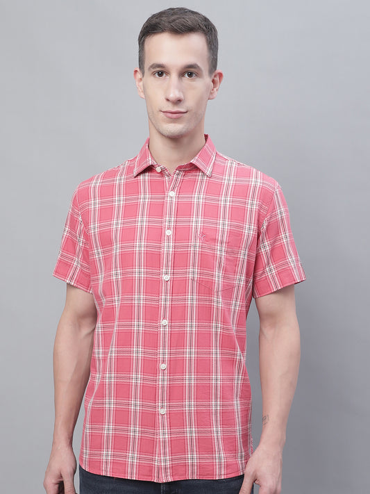 Cantabil Cotton Checkered Pink Half Sleeve Casual Shirt for Men with Pocket (7135096176779)