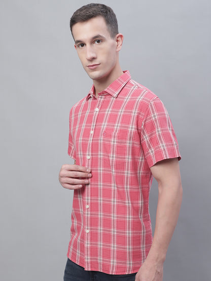 Cantabil Cotton Checkered Pink Half Sleeve Casual Shirt for Men with Pocket (7135096176779)