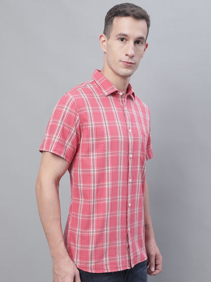 Cantabil Cotton Checkered Pink Half Sleeve Casual Shirt for Men with Pocket (7135096176779)