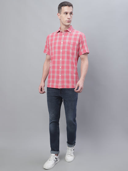 Cantabil Cotton Checkered Pink Half Sleeve Casual Shirt for Men with Pocket (7135096176779)