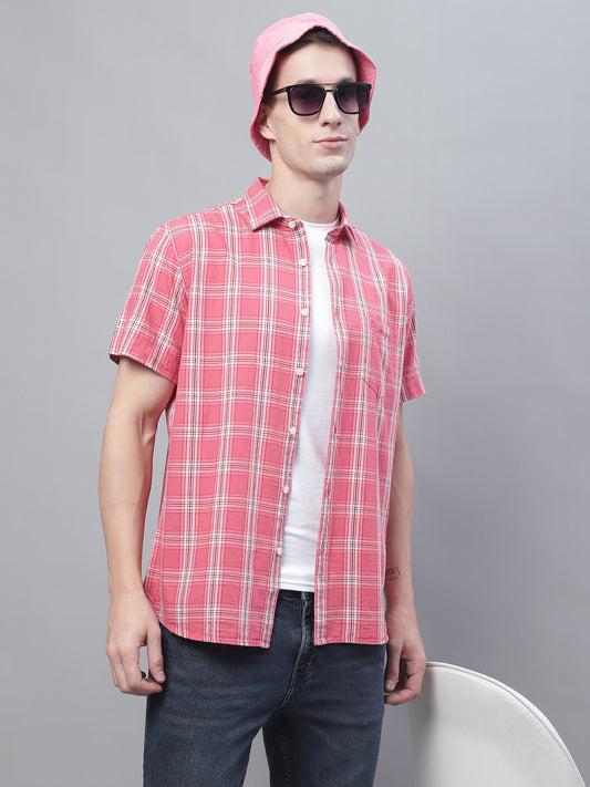 Cantabil Cotton Checkered Pink Half Sleeve Casual Shirt for Men with Pocket (7135096176779)