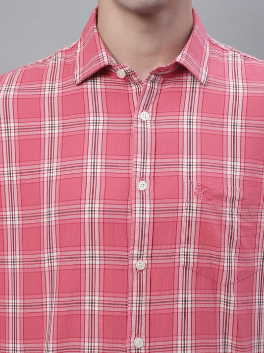 Cantabil Cotton Checkered Pink Half Sleeve Casual Shirt for Men with Pocket (7135096176779)