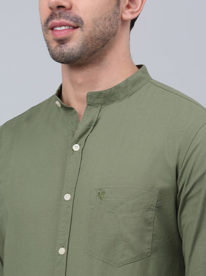 Men's Olive Green Casual Plain Full Sleeve Shirt