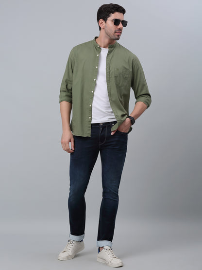 Men's Olive Green Casual Plain Full Sleeve Shirt