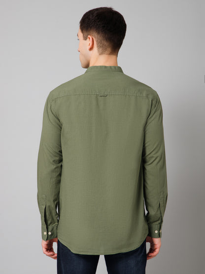 Men's Olive Green Casual Plain Full Sleeve Shirt