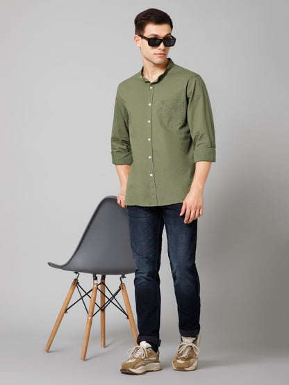 Men's Olive Green Casual Plain Full Sleeve Shirt