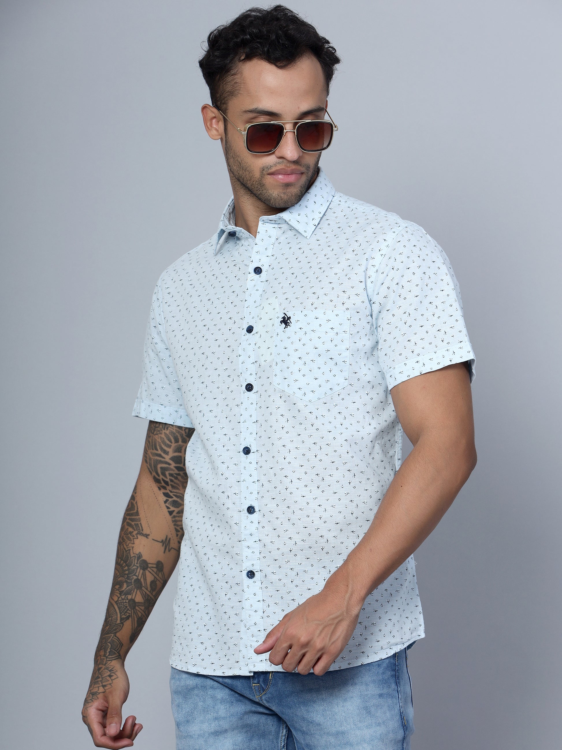 Cantabil Cotton Printed Sky Blue Half Sleeve Casual Shirt for Men with Pocket (7136117588107)