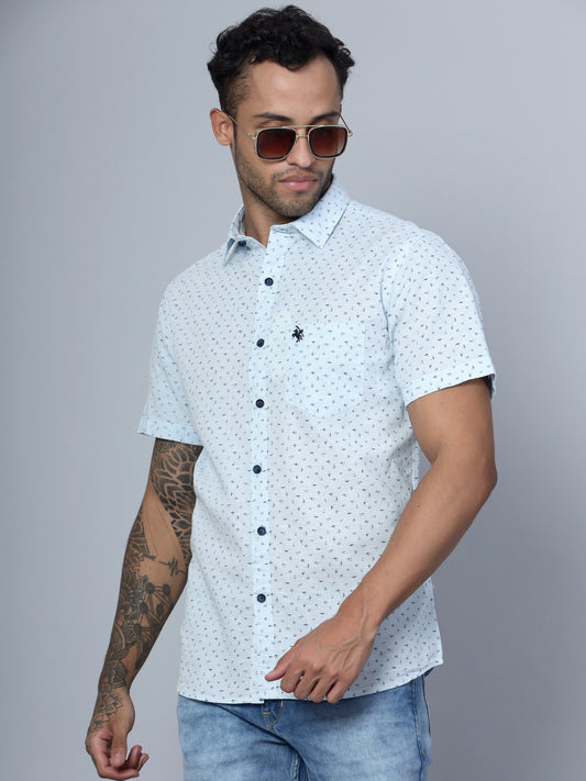 Cantabil Cotton Printed Sky Blue Half Sleeve Casual Shirt for Men with Pocket (7136117588107)