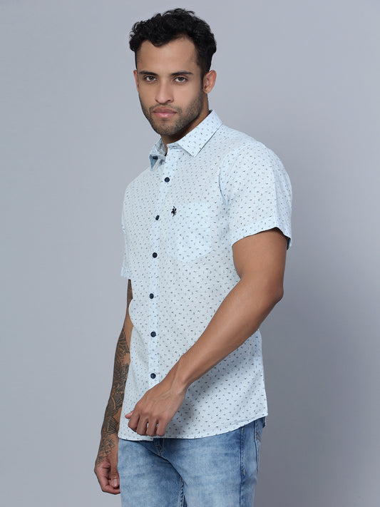 Cantabil Cotton Printed Sky Blue Half Sleeve Casual Shirt for Men with Pocket (7136117588107)