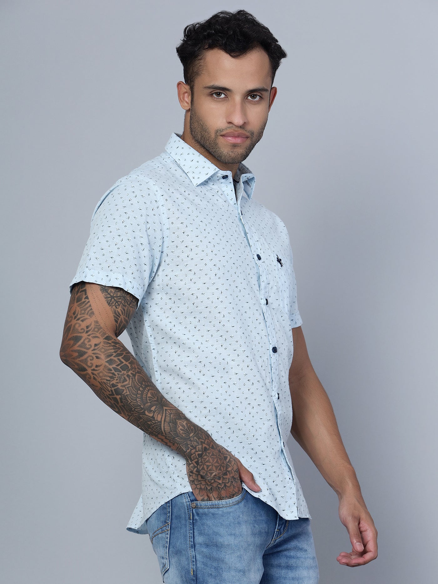 Cantabil Cotton Printed Sky Blue Half Sleeve Casual Shirt for Men with Pocket (7136117588107)