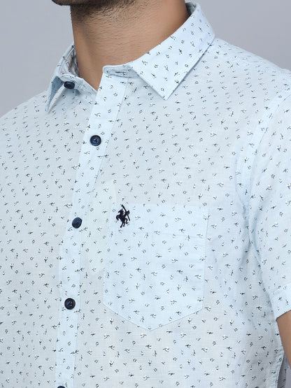 Cantabil Cotton Printed Sky Blue Half Sleeve Casual Shirt for Men with Pocket (7136117588107)