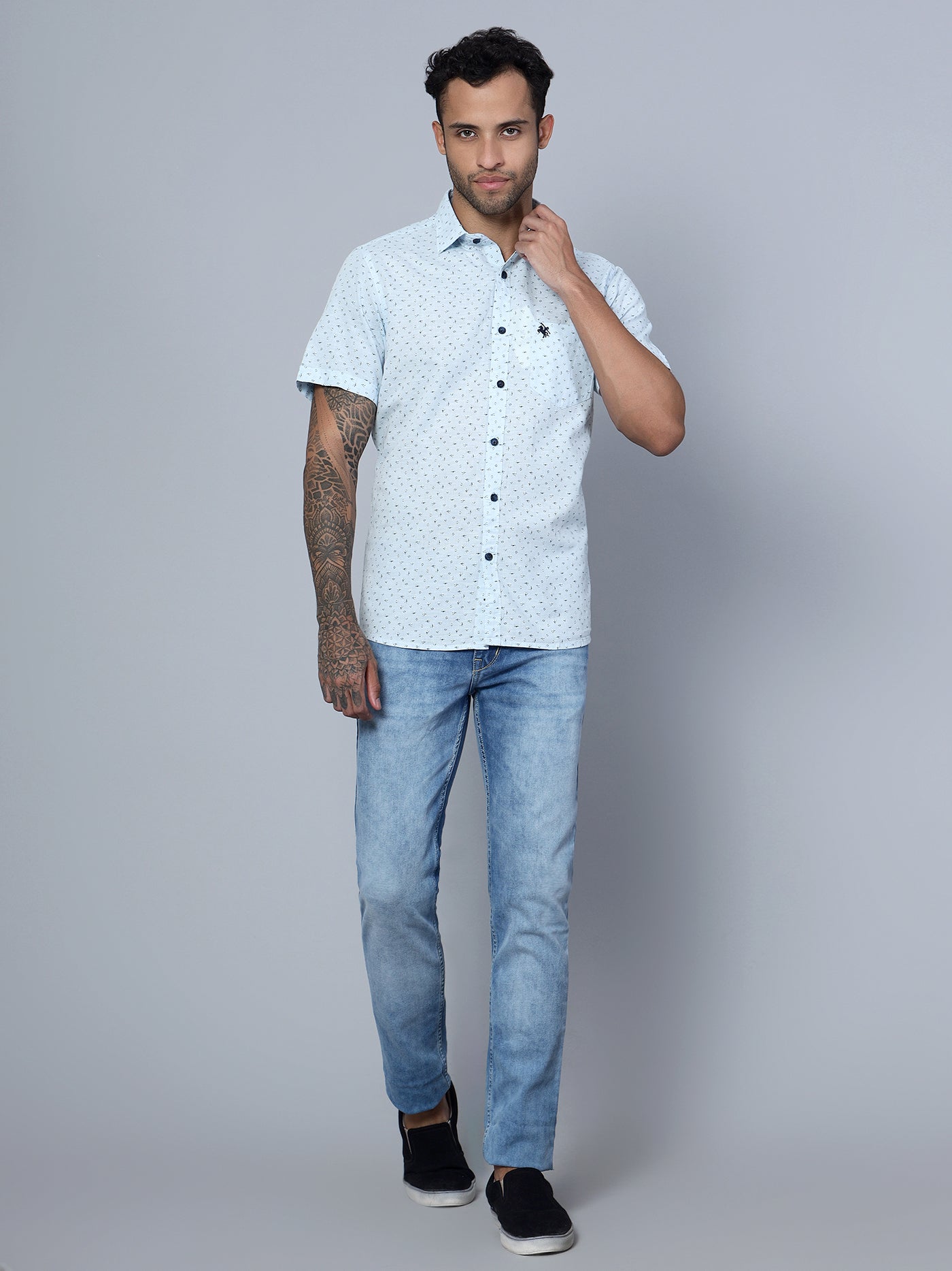 Cantabil Cotton Printed Sky Blue Half Sleeve Casual Shirt for Men with Pocket (7136117588107)