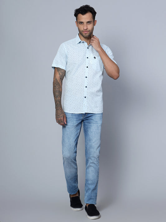 Cantabil Cotton Printed Sky Blue Half Sleeve Casual Shirt for Men with Pocket (7136117588107)