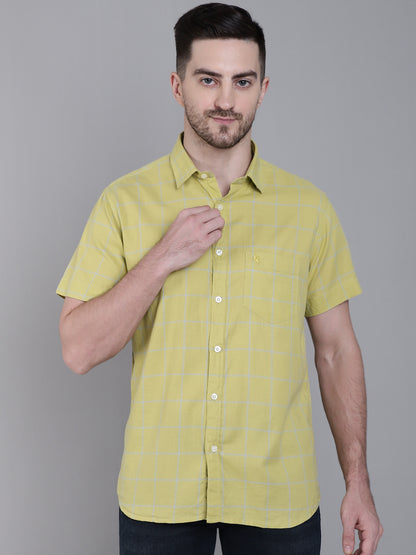 Cantabil Men Cotton checkered Yellow Half Sleeves Casual Shirt for Men with Pocket (7159828021387)