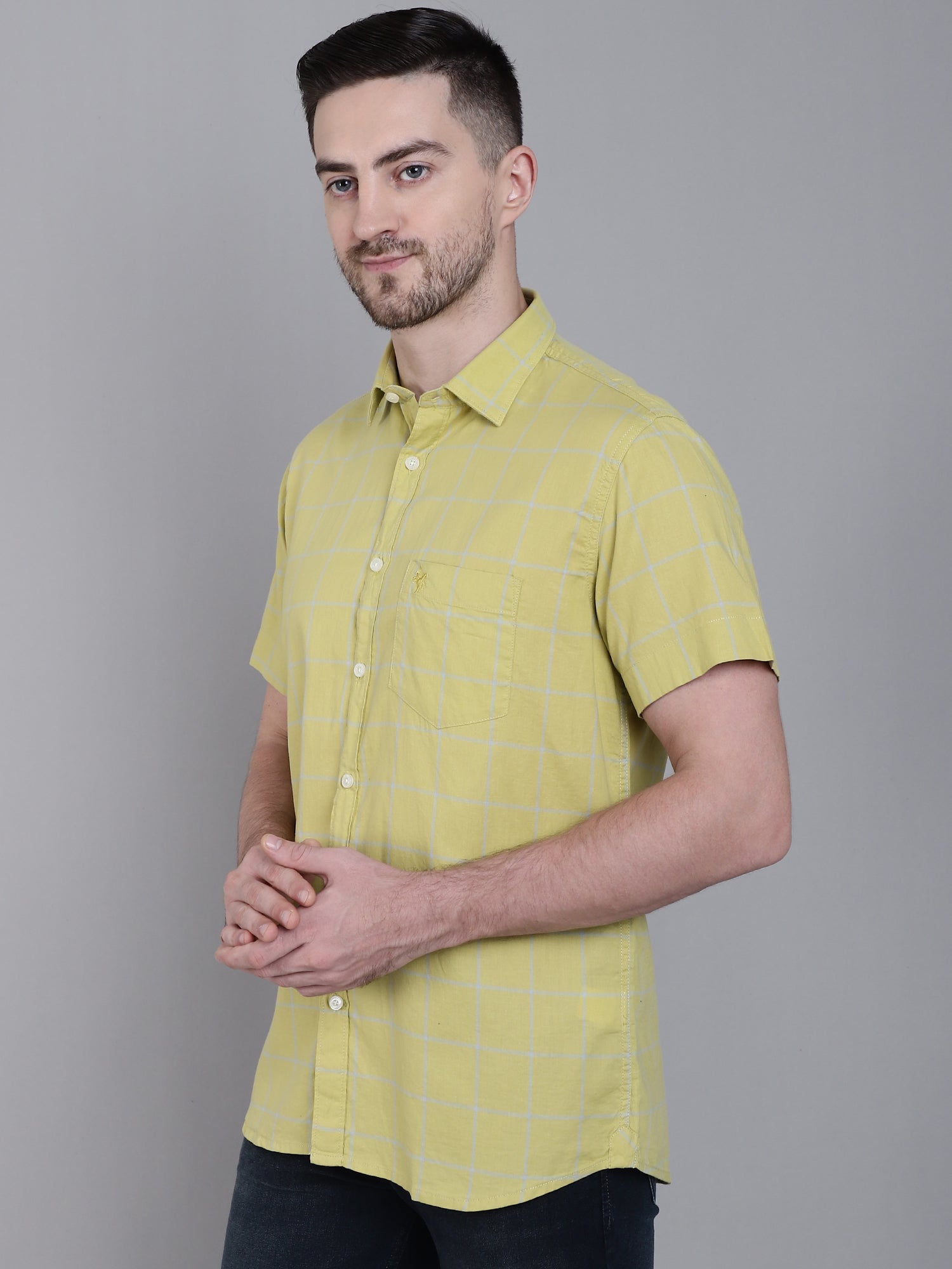 Cantabil Men Cotton checkered Yellow Half Sleeves Casual Shirt for Men with Pocket (7159828021387)