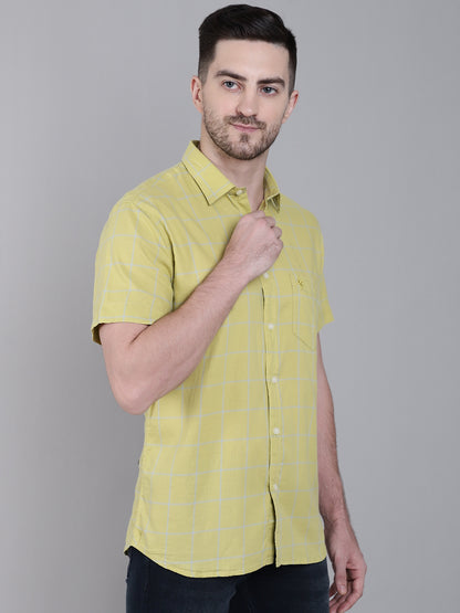 Cantabil Men Cotton checkered Yellow Half Sleeves Casual Shirt for Men with Pocket (7159828021387)