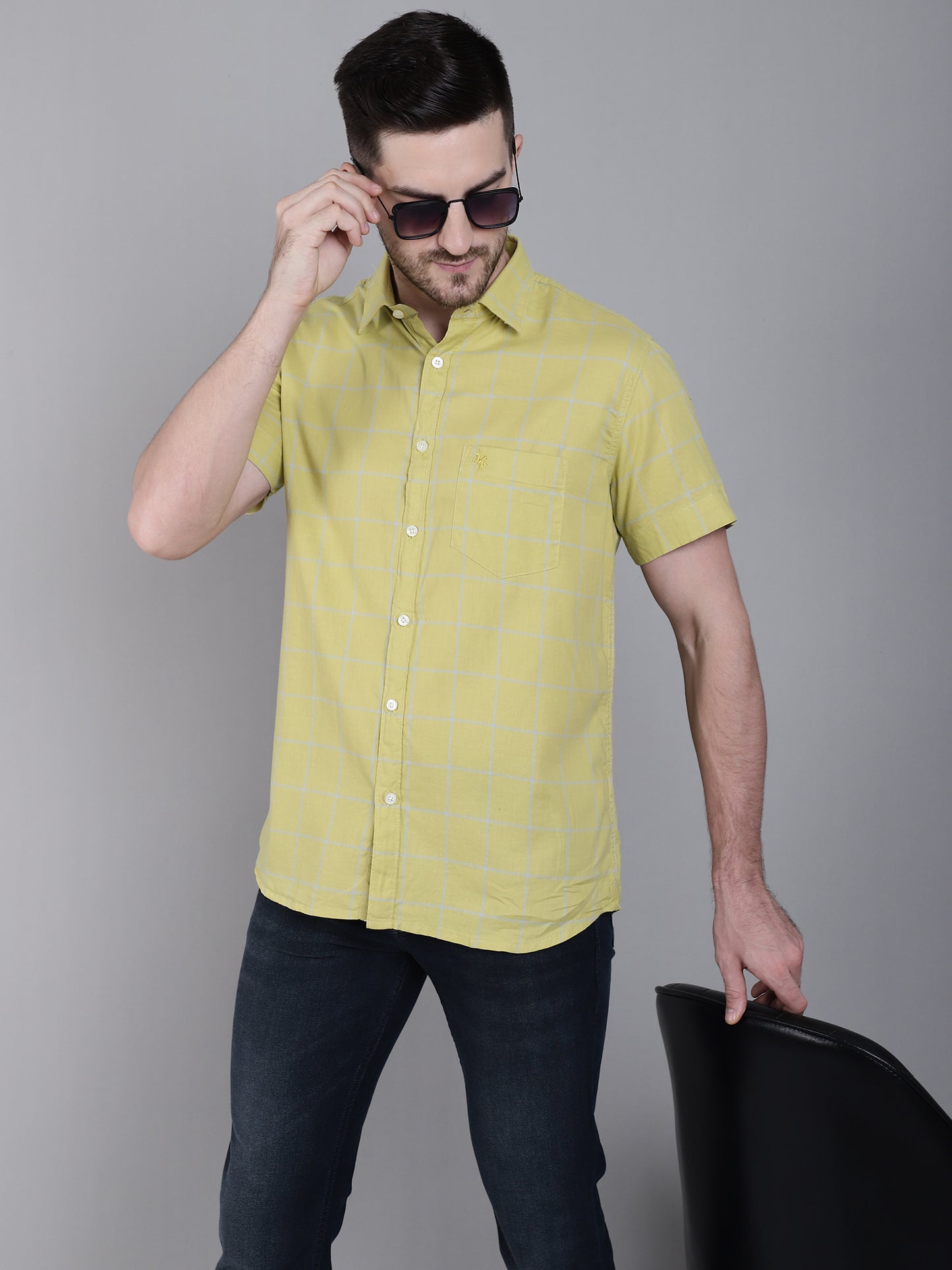 Cantabil Men Cotton checkered Yellow Half Sleeves Casual Shirt for Men with Pocket (7159828021387)