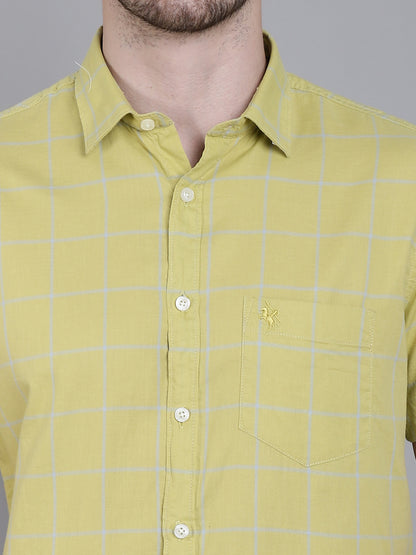 Cantabil Men Cotton checkered Yellow Half Sleeves Casual Shirt for Men with Pocket (7159828021387)