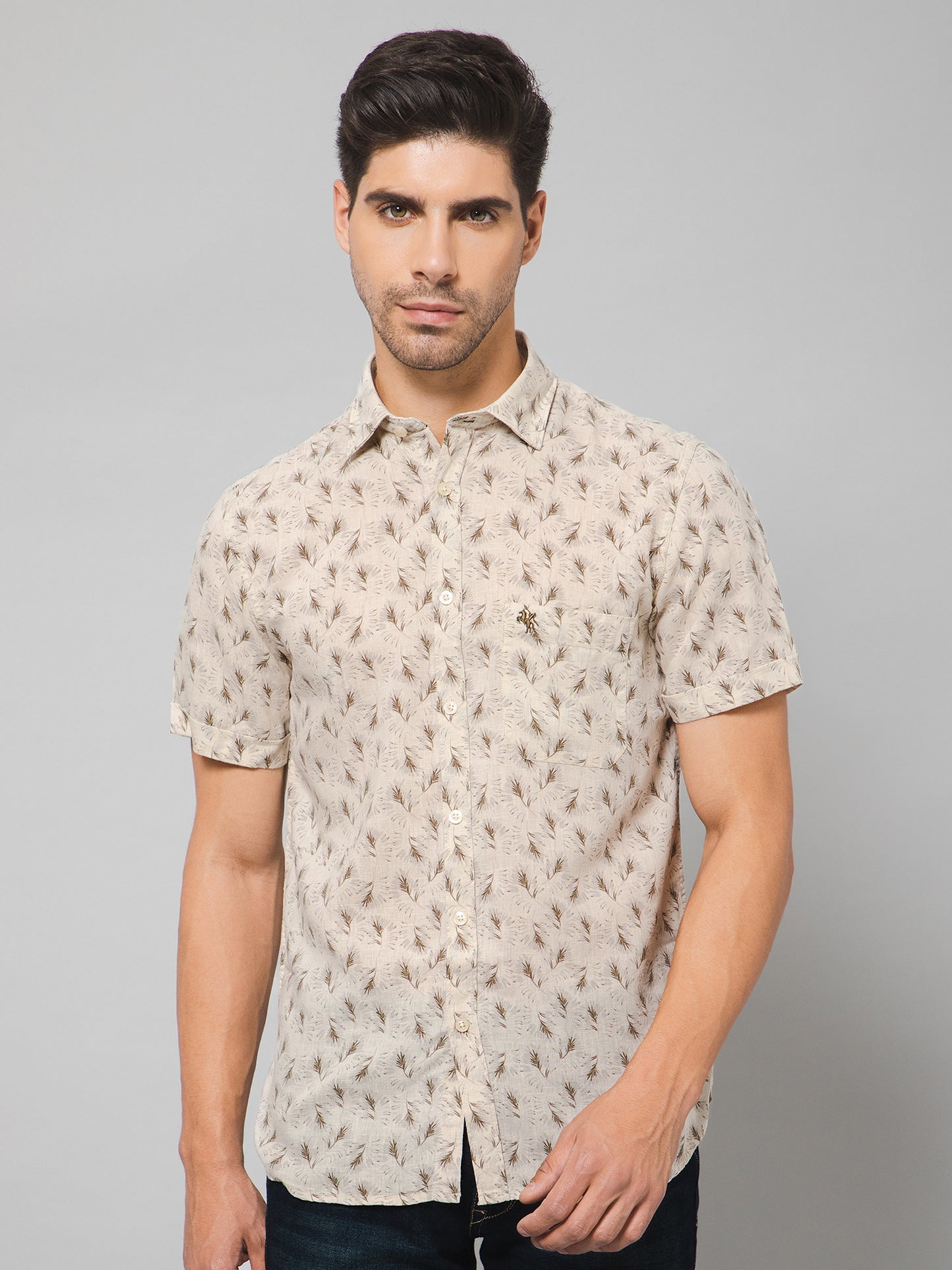 Cantabil Cotton Blend Printed Beige Half Sleeve Casual Shirt for Men with Pocket (7133088940171)