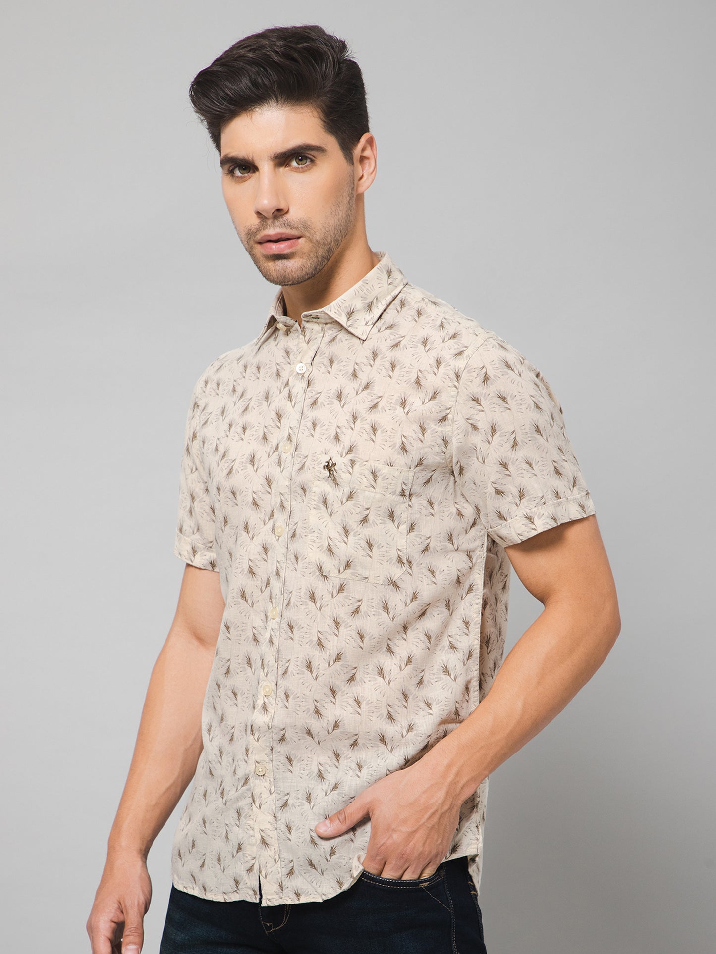 Cantabil Cotton Blend Printed Beige Half Sleeve Casual Shirt for Men with Pocket (7133088940171)