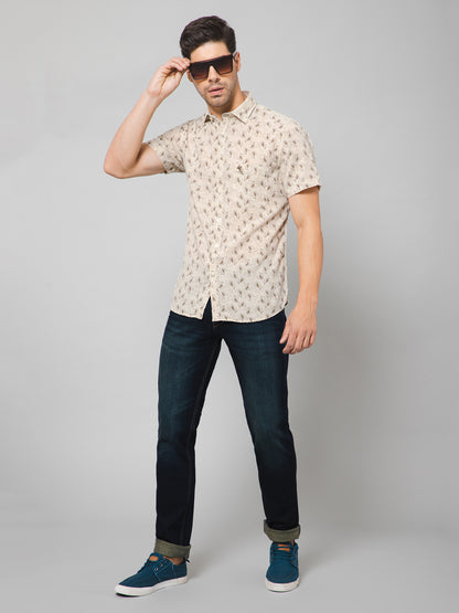 Cantabil Cotton Blend Printed Beige Half Sleeve Casual Shirt for Men with Pocket (7133088940171)