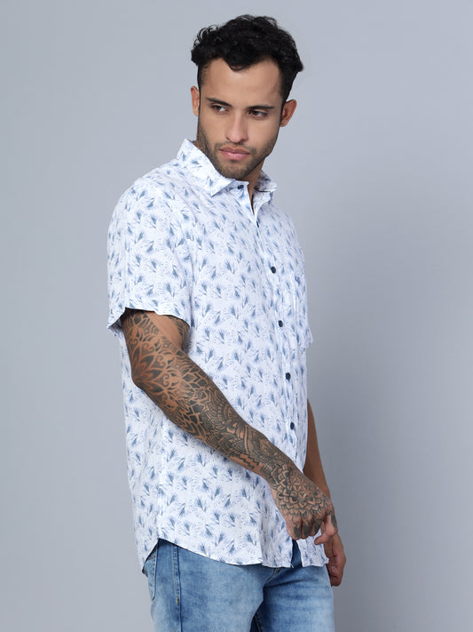 Cantabil Cotton Blend Printed Sky Blue Half Sleeve Casual Shirt for Men with Pocket (7136117883019)