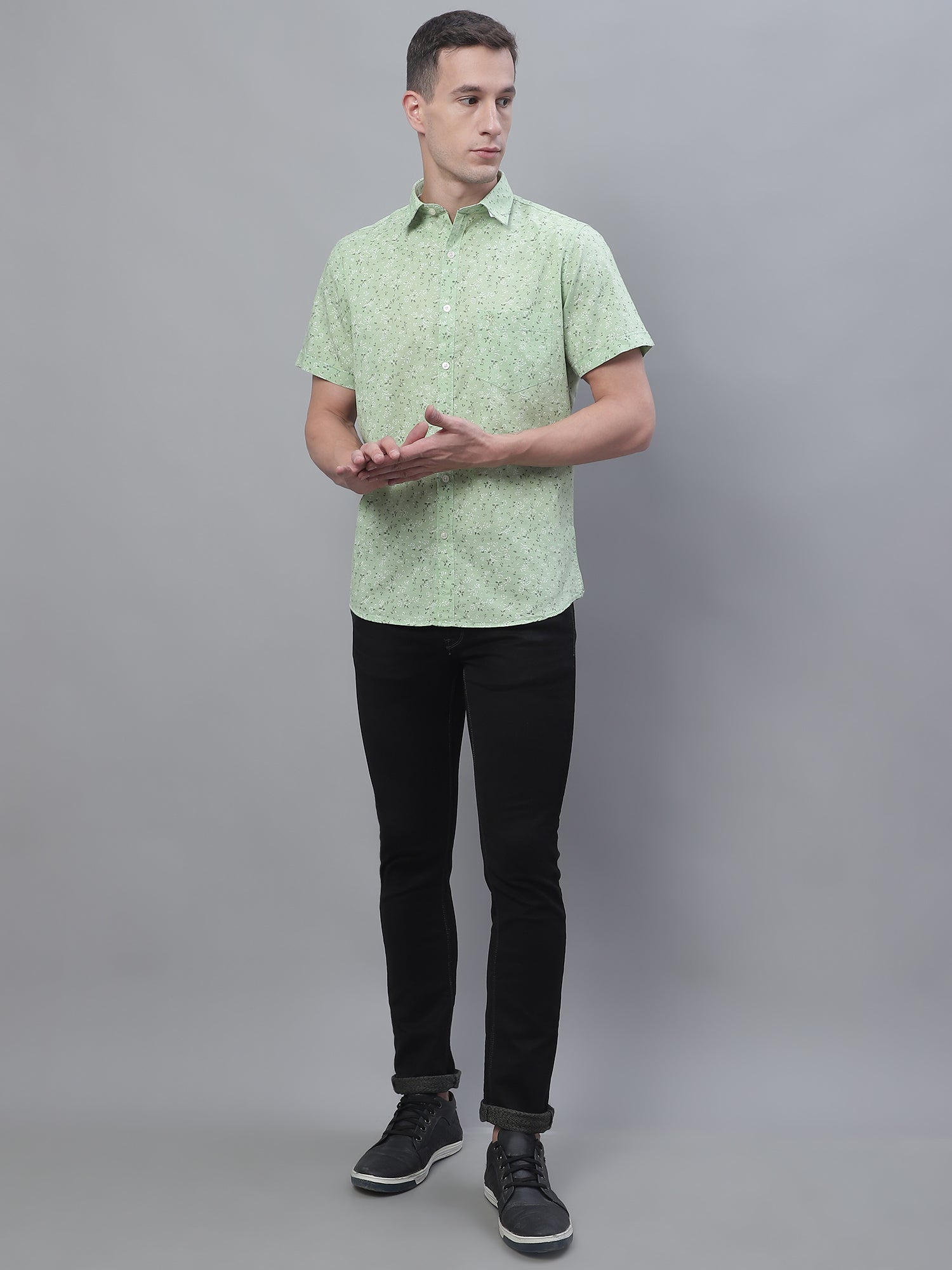 Cantabil Cotton Printed Green Half Sleeve Casual Shirt for Men with Pocket (7135096799371)