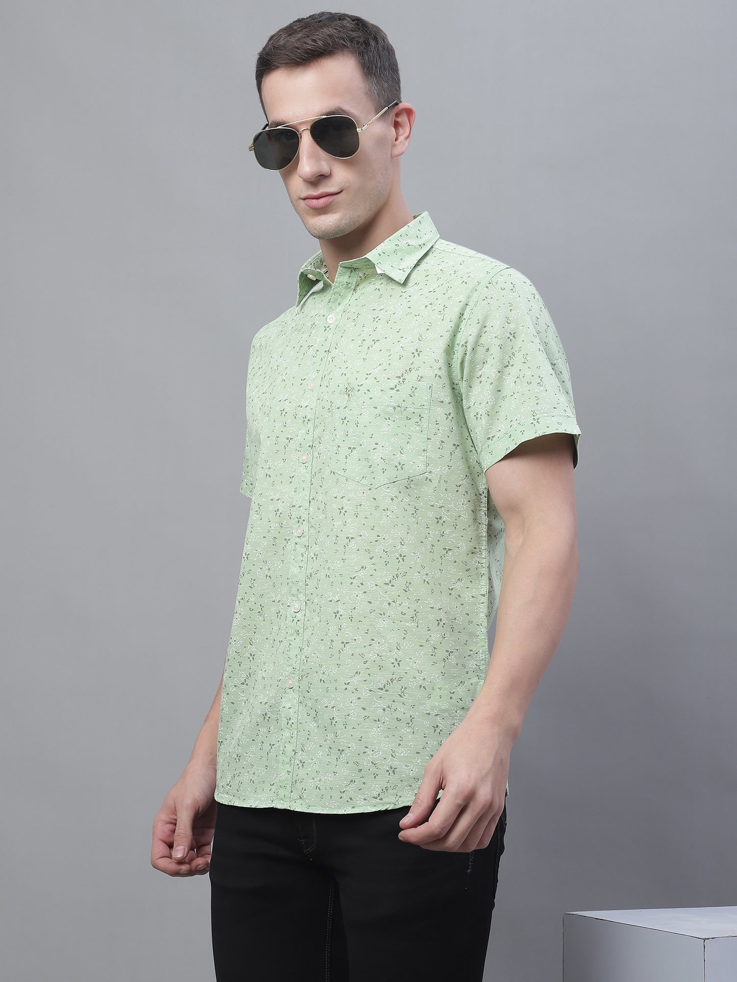 Cantabil Cotton Printed Green Half Sleeve Casual Shirt for Men with Pocket (7135096799371)