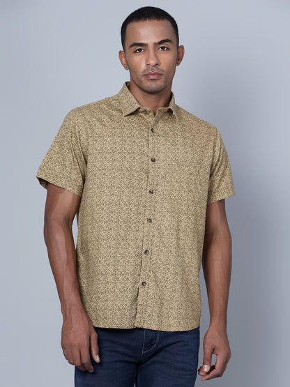 Cantabil Cotton Printed Khaki Half Sleeve Casual Shirt for Men with Pocket (7136118603915)