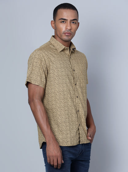 Cantabil Cotton Printed Khaki Half Sleeve Casual Shirt for Men with Pocket (7136118603915)