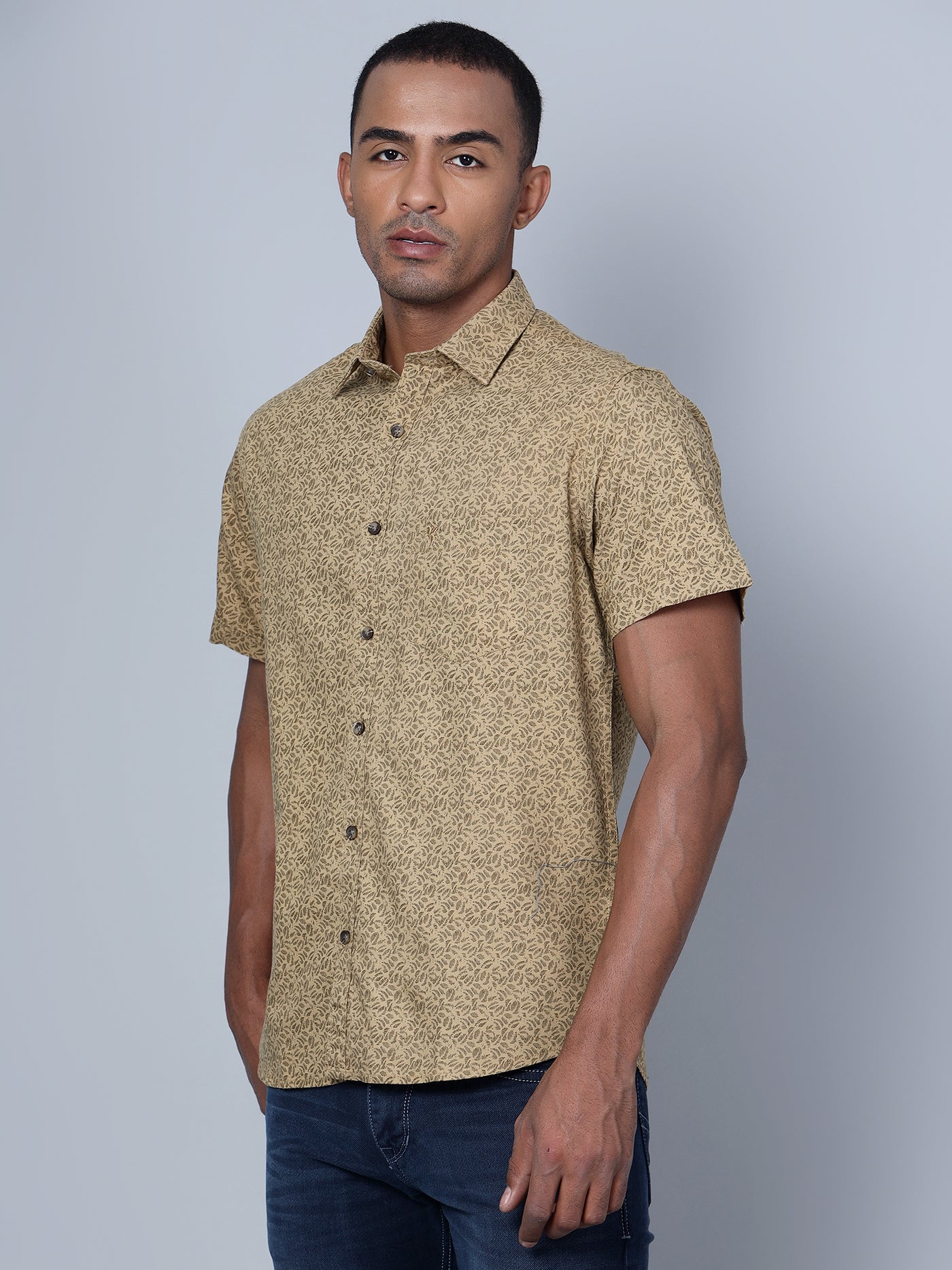 Cantabil Cotton Printed Khaki Half Sleeve Casual Shirt for Men with Pocket (7136118603915)