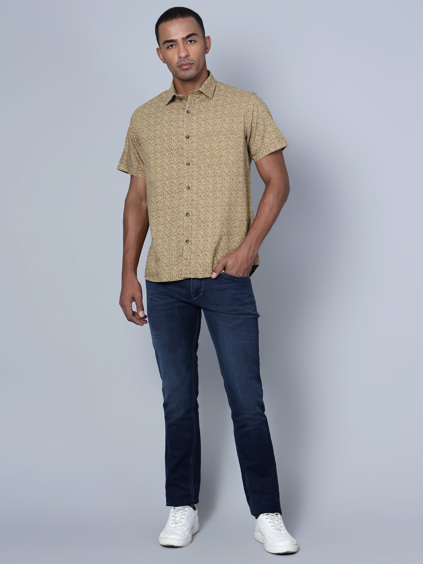 Cantabil Cotton Printed Khaki Half Sleeve Casual Shirt for Men with Pocket (7136118603915)