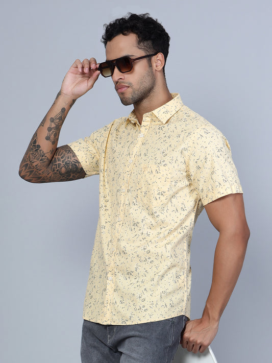 Cantabil Cotton Printed Yellow Half Sleeve Casual Shirt for Men with Pocket (7136122699915)