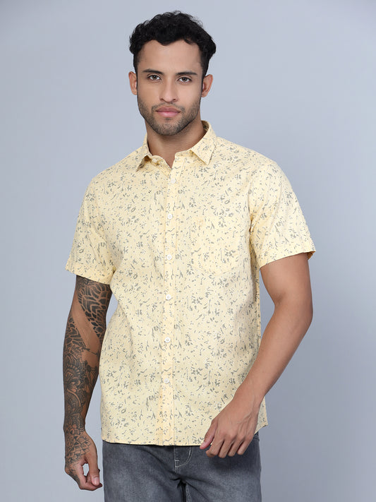 Cantabil Cotton Printed Yellow Half Sleeve Casual Shirt for Men with Pocket (7136122699915)