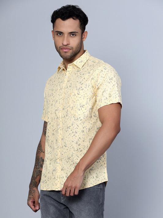Cantabil Cotton Printed Yellow Half Sleeve Casual Shirt for Men with Pocket (7136122699915)