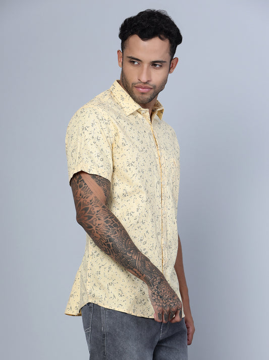 Cantabil Cotton Printed Yellow Half Sleeve Casual Shirt for Men with Pocket (7136122699915)