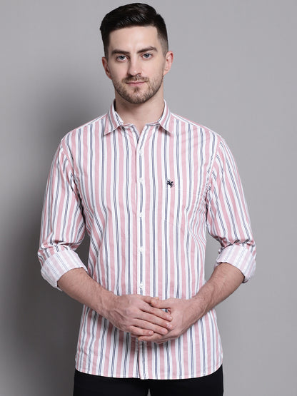 Cantabil Men Cotton Vertical Striped Peach Full Sleeves Casual Shirt for Men with Pocket (7158735437963)