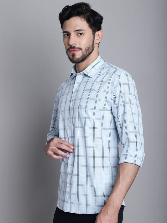 Cantabil Cotton Sky Blue Checkered Full Sleeve Regular Fit Casual Shirt for Men with Pocket (7165438525579)