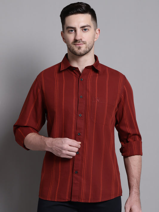 Cantabil Cotton Maroon Striped Full Sleeve Regular Fit Casual Shirt for Men with Pocket (7162817806475)