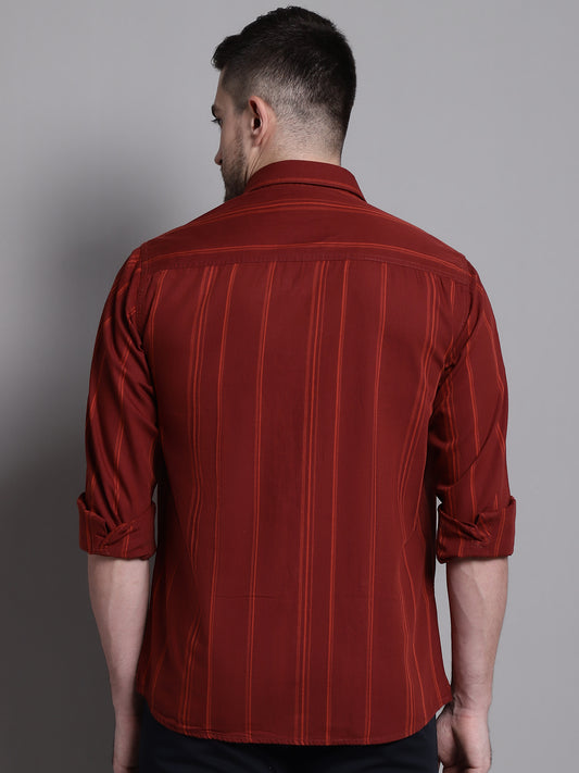Cantabil Cotton Maroon Striped Full Sleeve Regular Fit Casual Shirt for Men with Pocket (7162817806475)