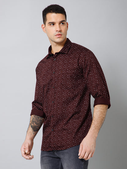 Men's Coffee Brown Casual Ditsy Print Full Sleeve Shirt