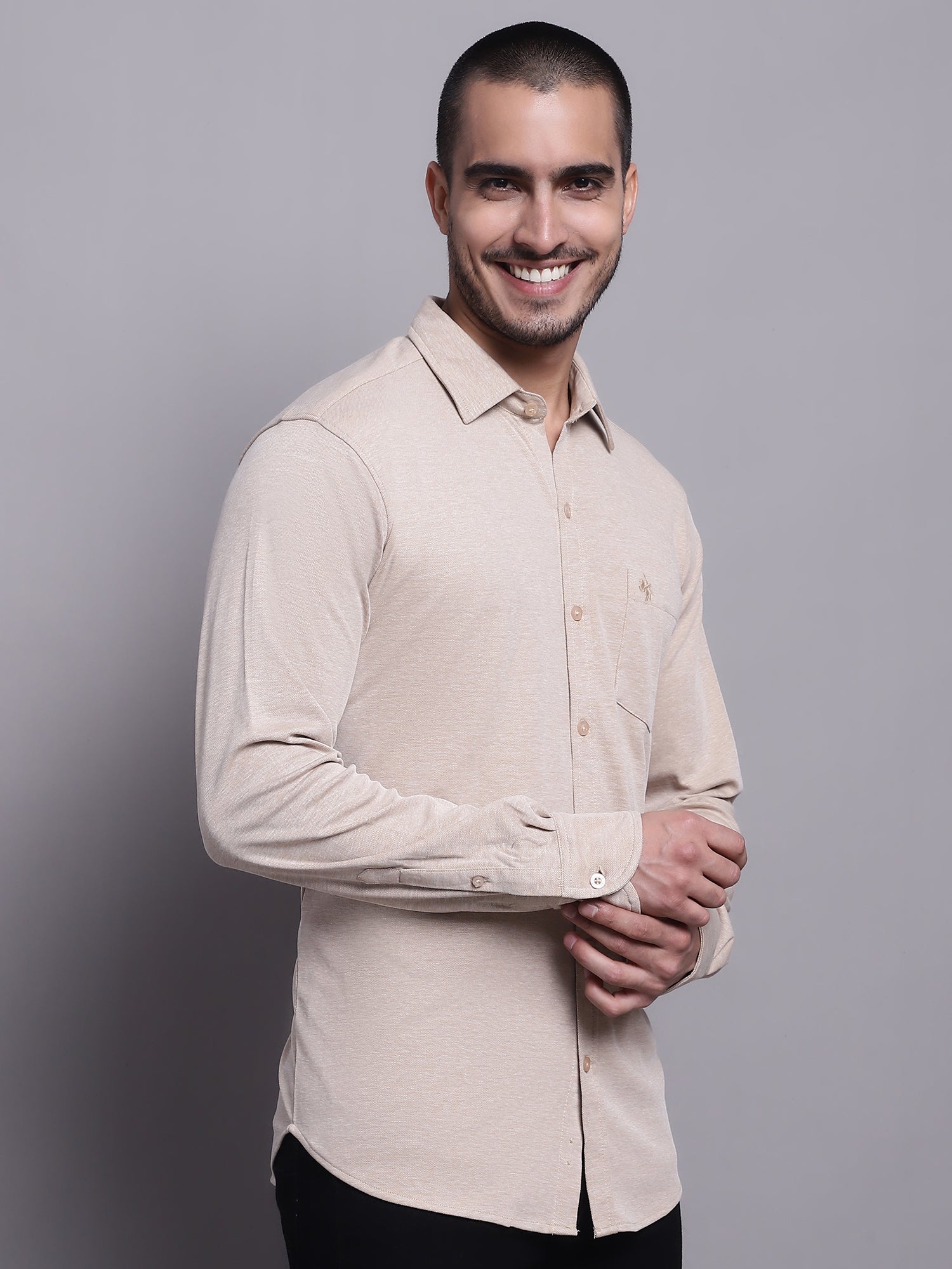 Cantabil Men Casual Beige Shirt (7143420395659)